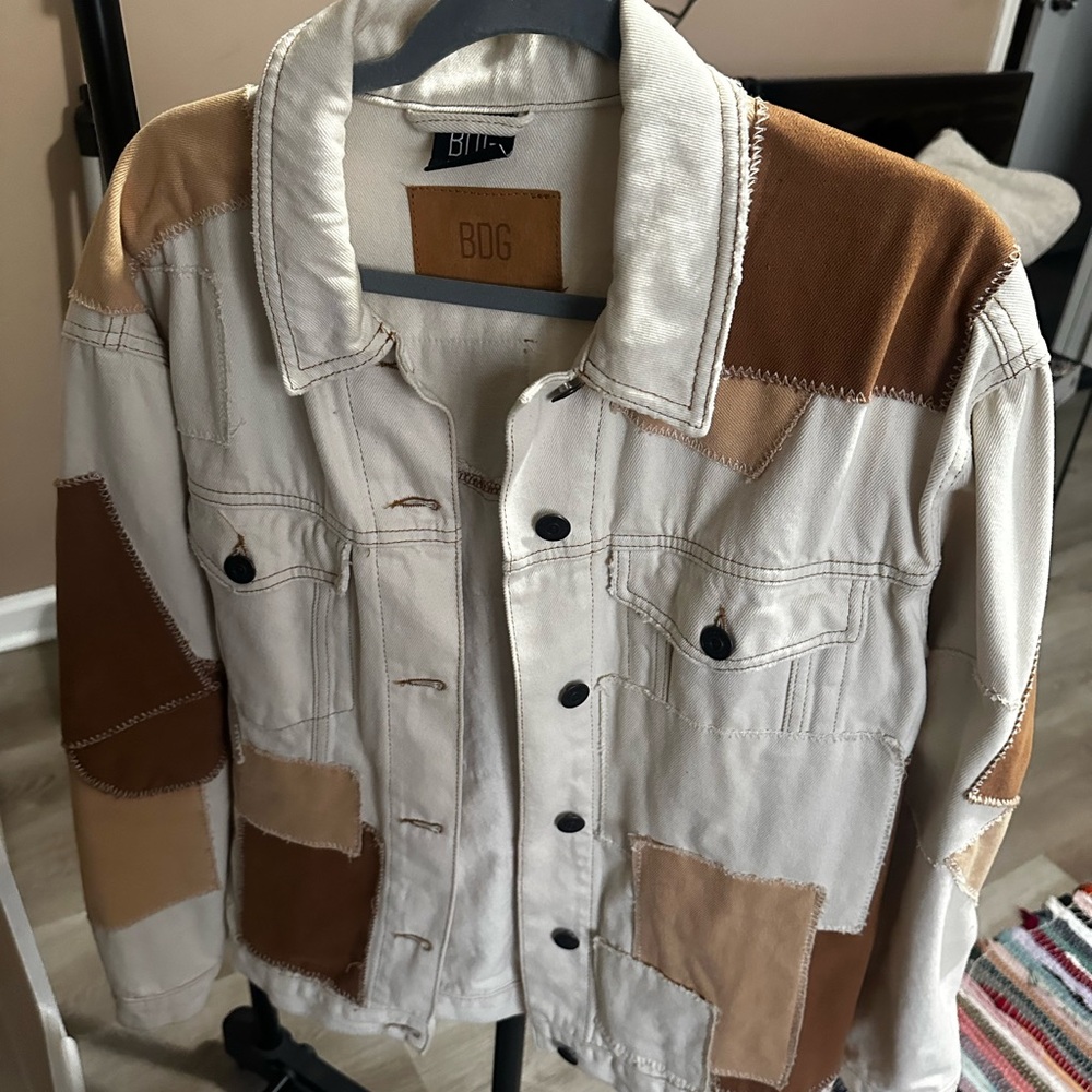 Urban Outfitters Patchwork Jean Jacket - Cream and Brown